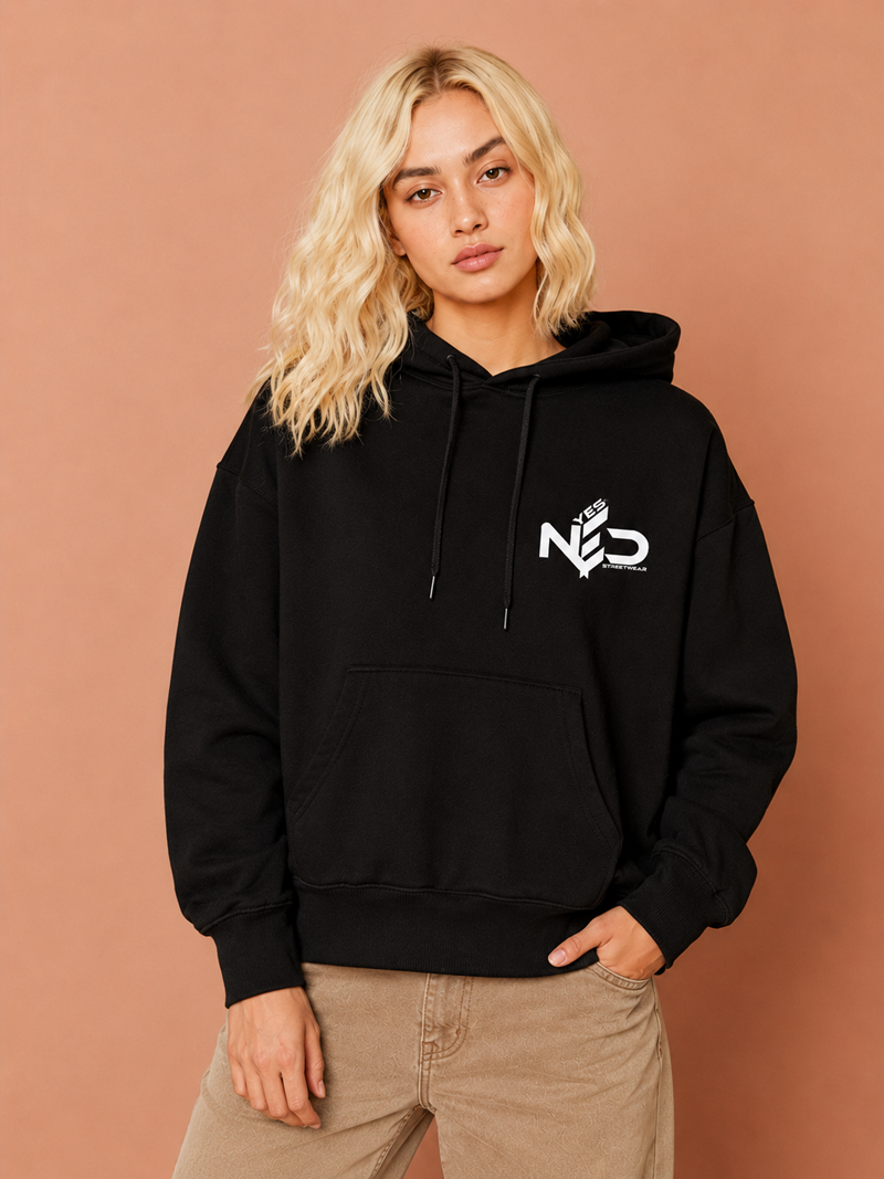 YES NΞD oversized black streetwear hoodie front view