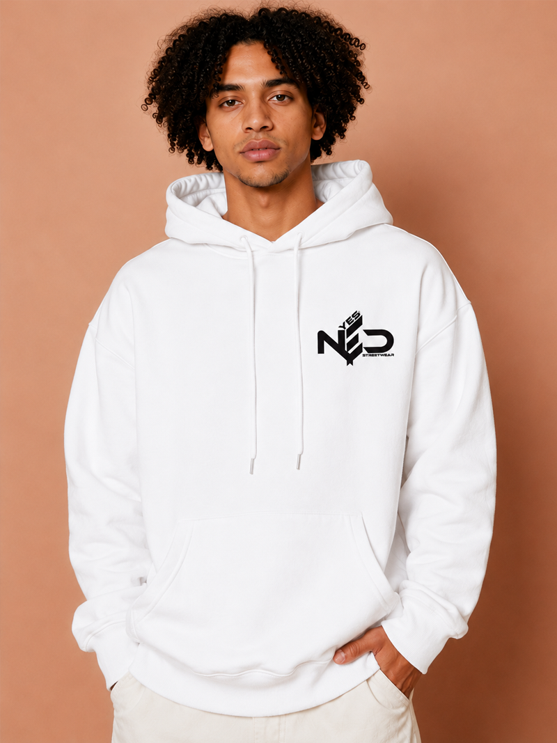 YES NΞD oversized white streetwear hoodie front view