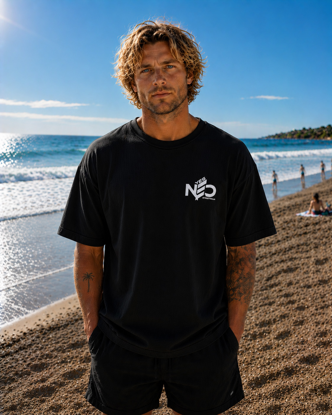 YES NΞD black oversized streetwear tee front view