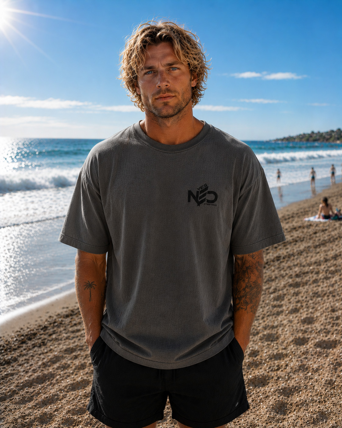 YES NΞD charcoal oversized streetwear tee front view