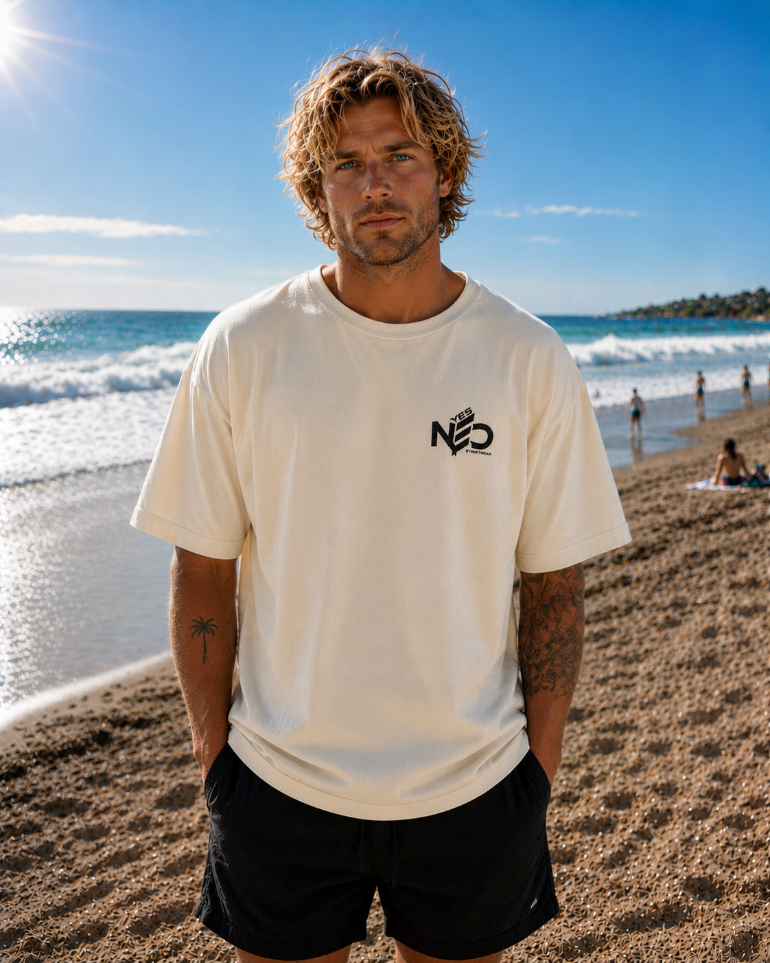 YES NΞD cream oversized streetwear tee front view