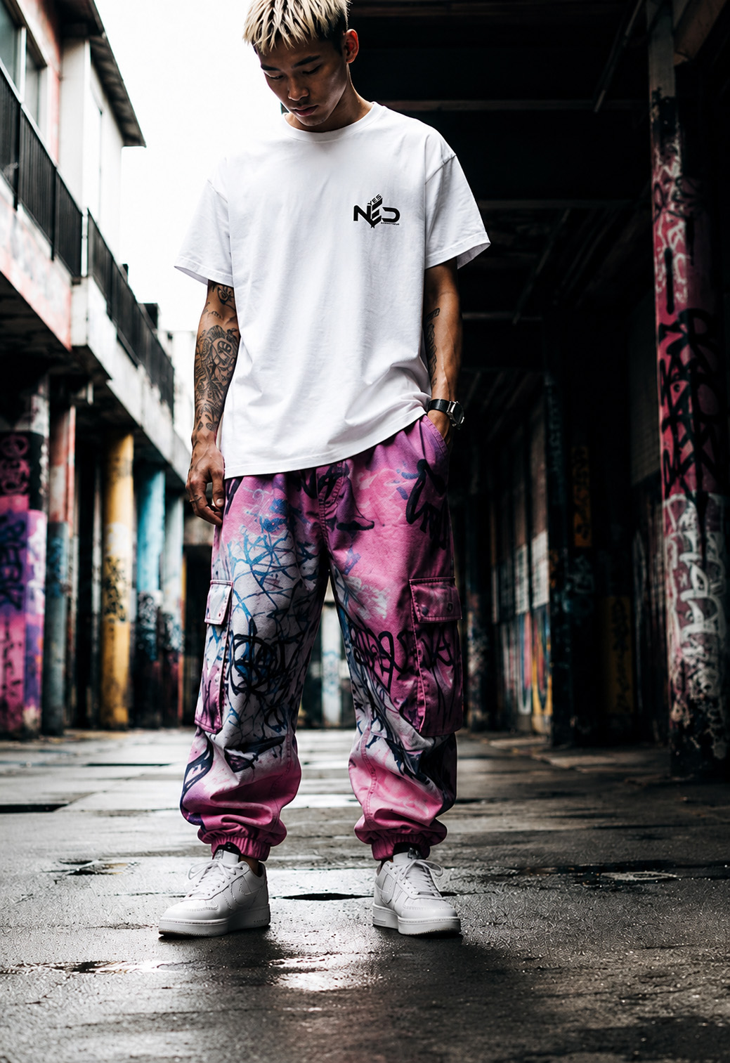 YES NΞD white oversized streetwear tee front view